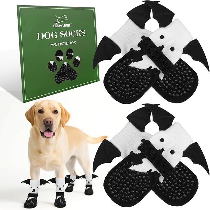 EXPAWLORER Halloween Anti Slip Dog Socks to Prevent Licking Paws, Boots & Paw Protectors with Grippers,Doggie Booties for Hardwood Floors for Small Medium Large Senior Dogs Costume White Ghost Wings L-PawvioPets