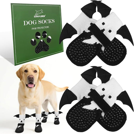 EXPAWLORER Halloween Anti Slip Dog Socks to Prevent Licking Paws, Boots & Paw Protectors with Grippers,Doggie Booties for Hardwood Floors for Small Medium Large Senior Dogs Costume White Ghost Wings L-PawvioPets