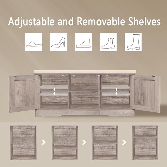 DINZI LVJ Shoe Bench, Entryway Storage Bench with Doors, Cushion, 2-Tier Shoe Rack with 6-Cubby, 39.4”L x 13.8”W Shoe Organizer Cabinet, Adjustable Shelf, Living Room, Bedroom, Greige-PawvioPets