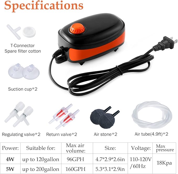FEDOUR 4W/5W/8W Aquarium Corded Electric Air Pump, 96GPH/160GPH/256GPH Dual Outlets 4 Outlets Oxygen Pump, Ultra Quiet Aquarium Bubbler for up to 300 Gallon Fish and Turtle Tank-PawvioPets