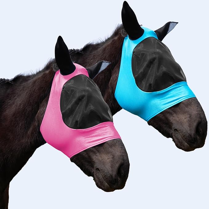 2 Piece Horse Fly Mask with Ears, Comfortable Fit Stretch Fabric Big Eye Space Soft Breathable with UV Protection for Full Horses (Blue-Pink)-PawvioPets