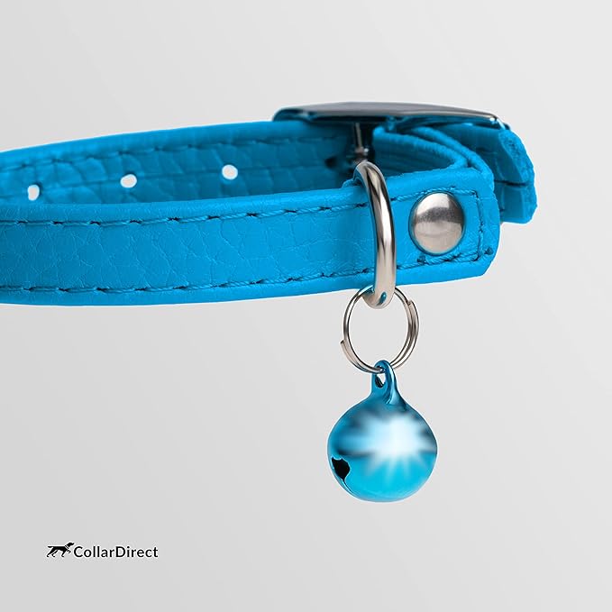 CollarDirect Leather Cat Collar, Kitten Collar with Removable Bell Black Blue Red Orange Lime Green (8-11 Inch, Light Blue)-PawvioPets