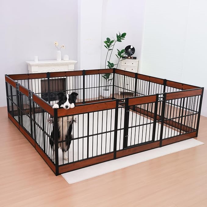 Dog Playpen, 31.5" Height Dog Pen Indoor, Heavy Duty, Safe and Sturdy, Furniture Style Puppy Pen (12 Panels (31.5" High), Mahogany)-PawvioPets