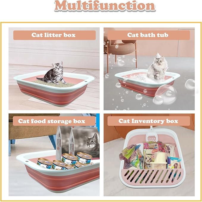 Foldable Cat Litter Box Open Potty Pan Portable Collapsible Cats Litter Boxs Travel Kitten Pan with Scoop Waterproof Low Entrance for Kitten and Easy Clean 17.7"×13.4"x4.9"(Pink)-PawvioPets