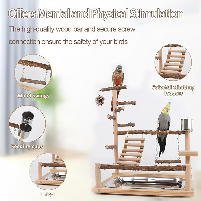 Bird Playground, Parrot Perch Stand, Natural Wood Bird Play Stands for Cockatiel Wood Perch Gym Playpen Ladder with Removable Tray and 2 Stainless Steel Cups, Bird Cage Accessories, Parrot Swing-PawvioPets