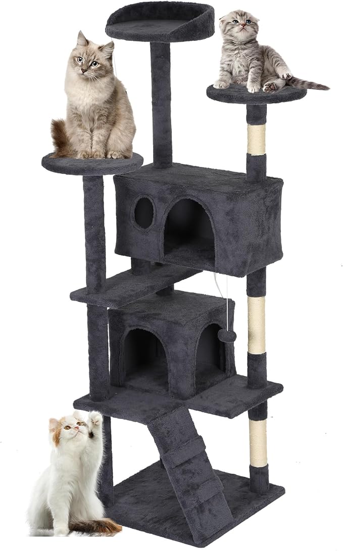 FDW Cat Tree Tower 62in Multi-Level Durable Cat Scratching Post & Cozy Fun Jumping Platform Space Saving Condo Pet Play House for Indoor Cats,Dark Gray-PawvioPets