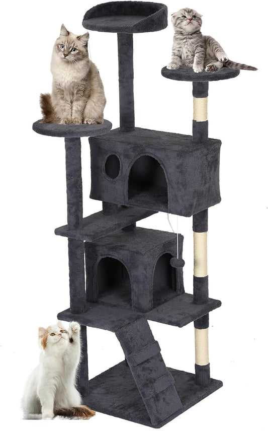 FDW Cat Tree Tower 62in Multi-Level Durable Cat Scratching Post & Cozy Fun Jumping Platform Space Saving Condo Pet Play House for Indoor Cats,Dark Gray-PawvioPets