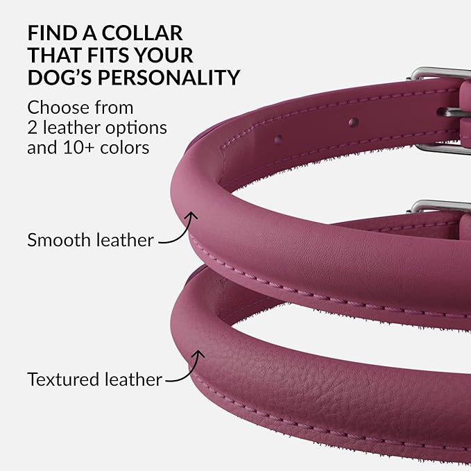 CollarDirect Rolled Leather Dog Collar, Soft Padded Round Puppy Collar, Handmade Genuine Leather Collar Dog Small Large Cat Collars 13 Colors (6-7 Inch, Pink Smooth)-PawvioPets