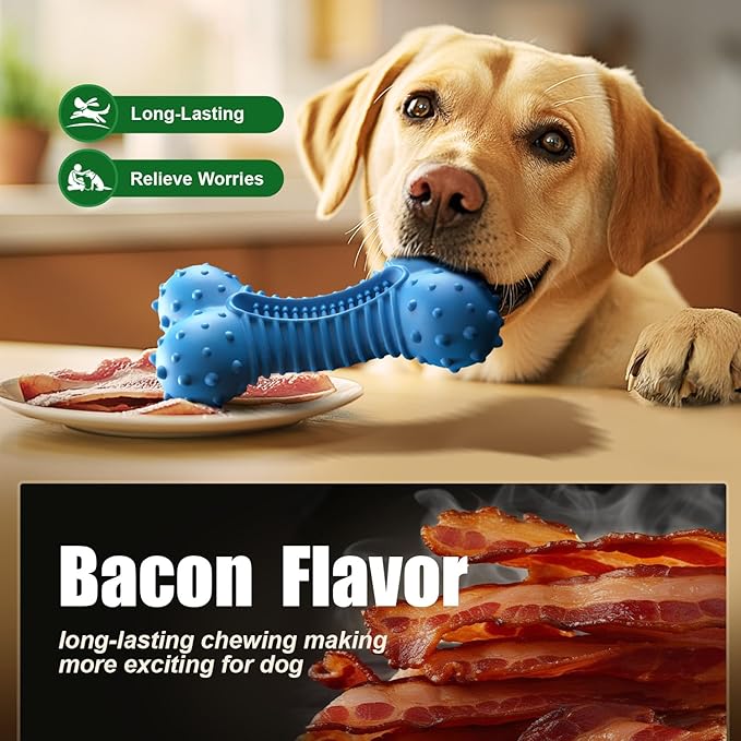 Dog Toys for Aggressive Chewers, Chew Toys for Medium Large Dogs, Durable Natural Rubber Toys with Bacon Flavor, Indestructible Dog Toy,Blue-PawvioPets