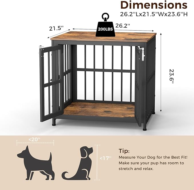 26 Inch Heavy Duty Wooden Dog Kennel End Table with Double Door Design and Secure Locks, Indoor Pet Crate Furniture for Small Dogs, Decorative Home Cage Design,Aged Black-PawvioPets