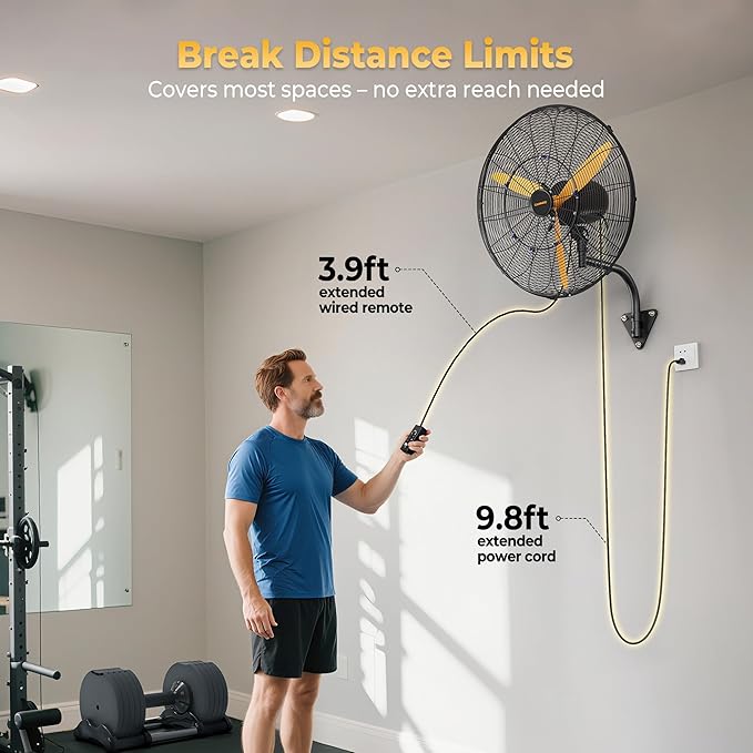24 Inch Oscillating Misting Wall Mount Fan, Extra Long 3.9ft Wired Remote and 9.8ft Power Cord, IP44 Industrial Commercial Wall Mounted Fan for Greenhouse, Garage, Workshop, Covered Patio-PawvioPets