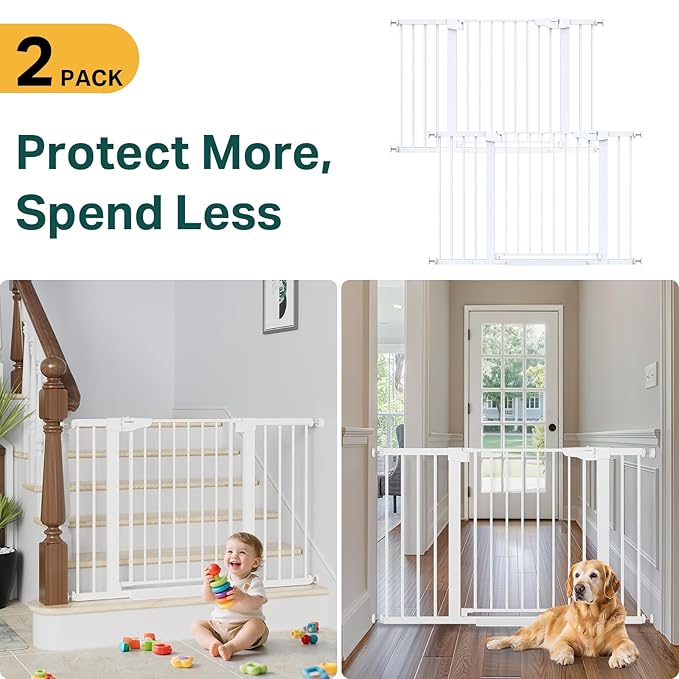 Cumbor 2 Pack 29.7"-48" Baby Gate for Stairs, Mom's Choice Awards Winner-Dog Gate for Doorways, Pressure Mounted Auto-Close Pet Gates for Dogs Indoor, Safety Child Gate with Easy Walk Thru Door,White-PawvioPets