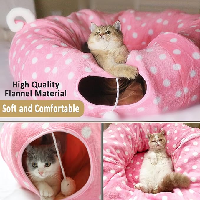 AUOON Cute Cat Donut Tunnel - Round Cat Tunnel Bed with Washable Cushion Interactive Cat Toy for Indoor Cats Kitten Kitty Puppy Rabbit Ferret (Pink)-PawvioPets