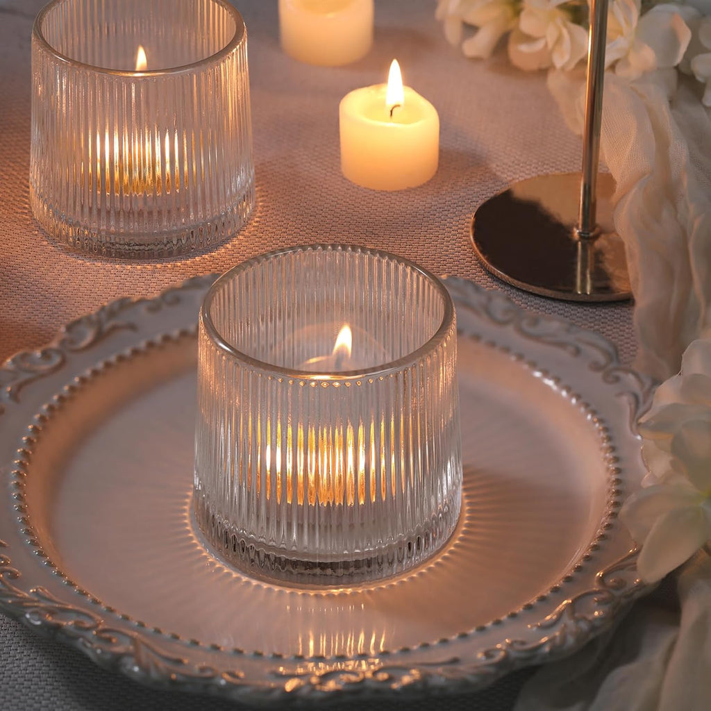DARJEN Clear Ribbed Tealight Votive Candle Holders- 6Pack Glass Candle Holders for Table Centerpiece, Home Decor, Wedding Decor, Party Dinner