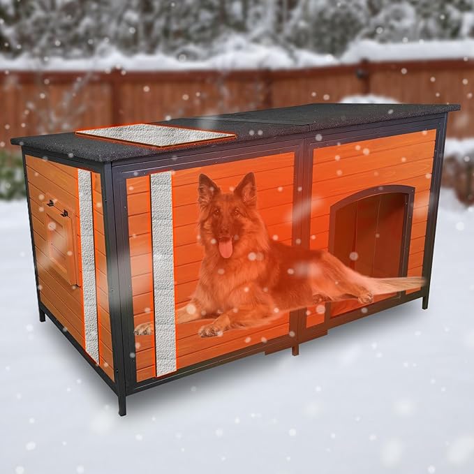Extra Large Dog House Outdoor 59.1" L Outside Insulated Dog Kennel Weatherproof Winter, 6 Sides All-Round Foam for Small Medium Large Extra Large Dogs, Strong Metal Chew Proof Frame Window-PawvioPets