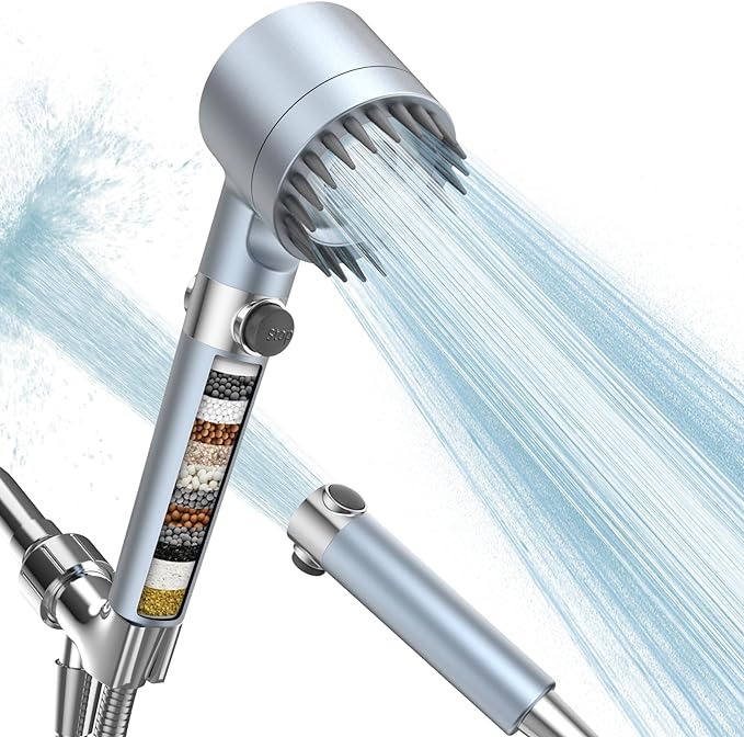 Filtered Shower Head with Handheld, High Pressure 3 Spray Mode Showerhead with 18 Stage Water Softener Filters for Hard Water - Handheld Shower Head-Remove Chlorine-BLUE-PawvioPets