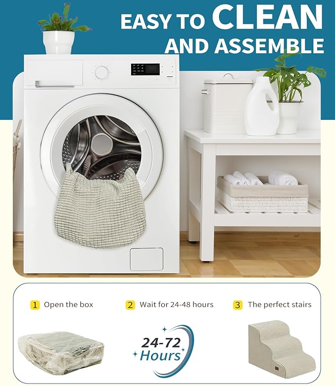 Dog Step for Bed, Dog Stair 3-Step 35D Pet Stair 15.7" H for High Bed or Sofa Non-Slip Balanced Pet Step Indoor, Beige-PawvioPets