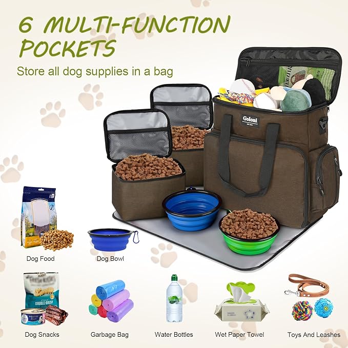 Dog Travel Bag Airline Approved–Pet Travel Tote with Collapsible Bowls,Food Containers & Feeding Mat–Multi-Pocket Organizer for Dogs & Cats, Durable & Water-Resistant for Hiking,Trips,Outdoors-PawvioPets