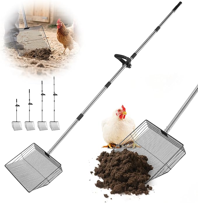 15" Widely Chicken Coop Poop Scooper- Ergonomic Chicken Poop Scooper with 38" to 77" Adjustable Long Handle, Extra-Large Scoop for Sand and Litter, Easy-to-Clean, Multi-Scene Use for Poultry-PawvioPets