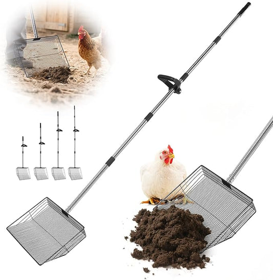 15" Widely Chicken Coop Poop Scooper- Ergonomic Chicken Poop Scooper with 38" to 77" Adjustable Long Handle, Extra-Large Scoop for Sand and Litter, Easy-to-Clean, Multi-Scene Use for Poultry-PawvioPets