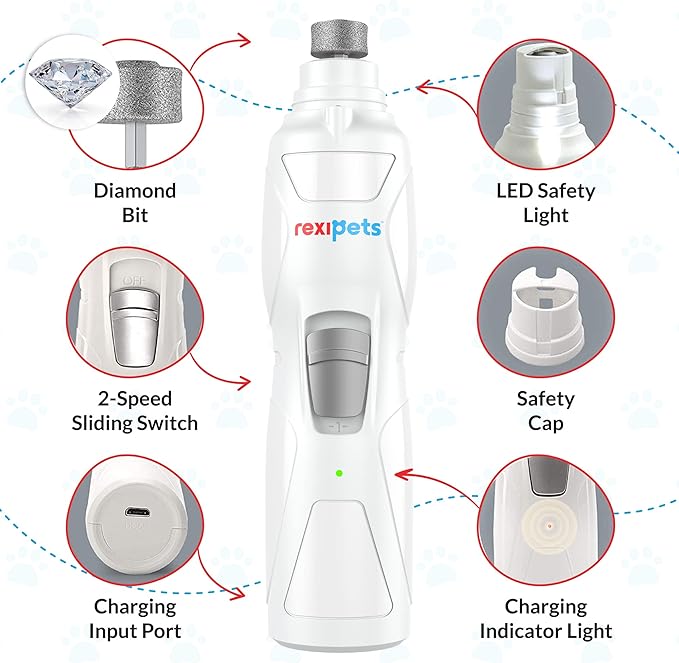 Cat and Dog Nail Grinder - Rechargeable Electric Pet Nail Clipper & Trimmer- Painless Paws Grooming - Quiet 2-Speed Motor. 3 Size Ports for Small, Medium, Large Pets- Up to 4 Hours of Charge-PawvioPets