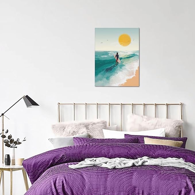Beach Surfing Wall Art Ocean Coastal Wave Canvas Wall Decor Summer Nature Seascape Pictures Painting Print Framed Artwork Decorations for Bathroom Living Room Office Bedroom 12"x16"-PawvioPets