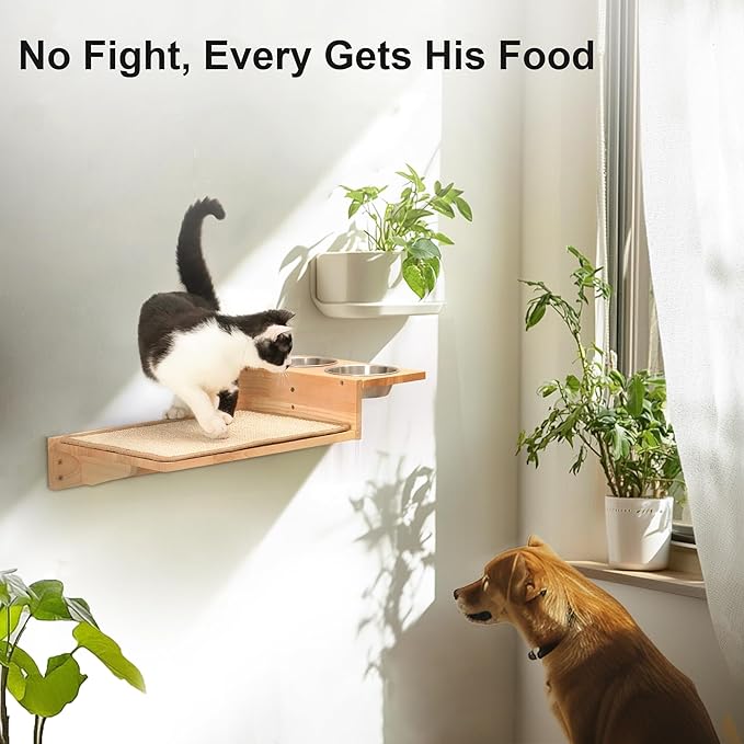 FUKUMARU Cat Wall Shelves, 3 In 1 Cats Walls Furniture Set, Food Station with 2 Steps , Solid Rubber Wood Perch, Suitable for Kitten Play, Nap, Eat, DIY Wall Jungle Gym-PawvioPets