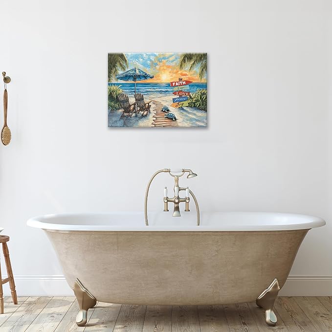Beach Ocean Bathroom Pictures Wall Art, Seaside Coastal Bathroom Wall Decor, Sunrise Framed Painting Canvas Artwork for Bedroom Living Room Decorations 20"L x 16"W-PawvioPets