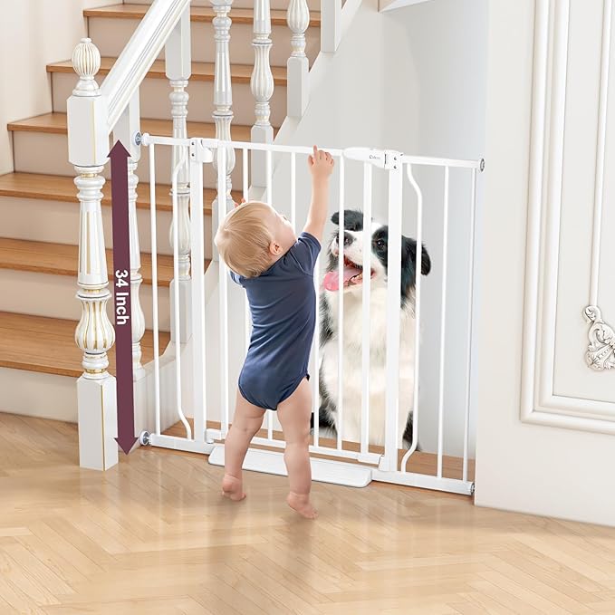 34" Extra Tall Baby Gate for Stairs, Auto Close Stroller Friendly Dog Gate Indoor for Doorways, Pressure Mounted 29"-40" W Baby Gate, Easy Walk Through Gate for Children & Pets, White-PawvioPets