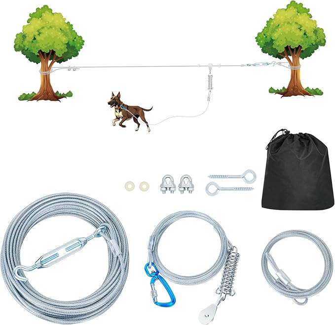 50ft Dog Runner for Yard Large Dog Heavy Duty with Double Shock Absorbers Tangle-Free Aerial Trolley System for Large Dogs Up to 250lbs (Silver)-PawvioPets