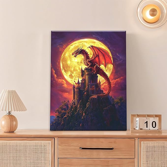 Dragon Bathroom Pictures Wall Art, Red Dragon Castle Bathroom Wall Decor, Framed Painting Canvas Artwork for Bedroom Living Room Decorations 20"L x 16"W-PawvioPets