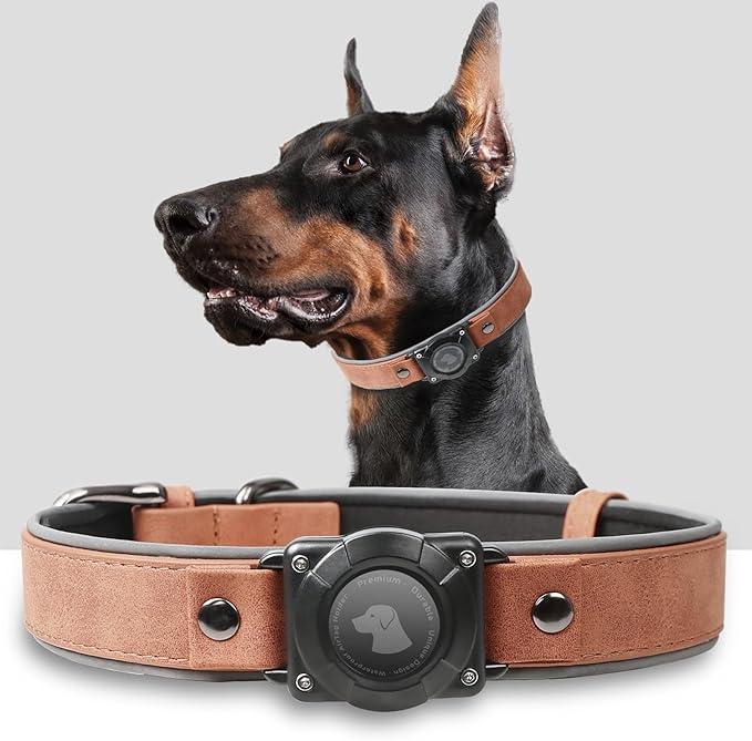 AirTag Dog Collar - Leather Dog Collar with Air Tag Holder | IPX8 Waterproof, Reflective, High - End, Adjustable Soft Padded | Dog GPS Tracker Collars Fit for Medium Large Dogs (Mahogany Brown, XL)-PawvioPets
