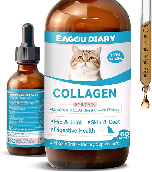Collagen for Cats - Hip and Joint Supplement, Digestive & Immunity Support, Skin & Coat Health, Liquid Collagen for Cats with MSM, Glucosamine, Coconut Oil, Vitamin E, Roast Chicken Flavored, 60ml-PawvioPets