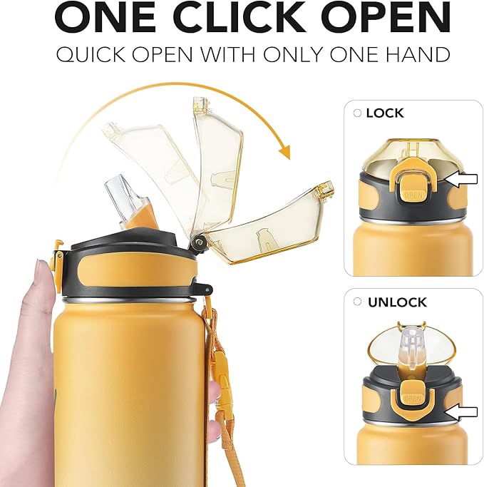 Enerbone 32 oz Insulated Water Bottle, Stainless Steel Bottle with Carrying Strap, Double-Wall Vacuum Insulation Design, Leakproof Sports Bottle with Straw, Keep Drinks Cold or Hot for Hours-PawvioPets