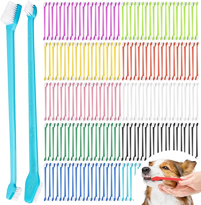 200 Pcs Dog Toothbrush, Pet Double Sided Brushing Kit Long Handle Soft Bristles Dogs Tooth Brush for Small to Large Dog, Cat, Puppy & Kitten, 10 Colors-PawvioPets