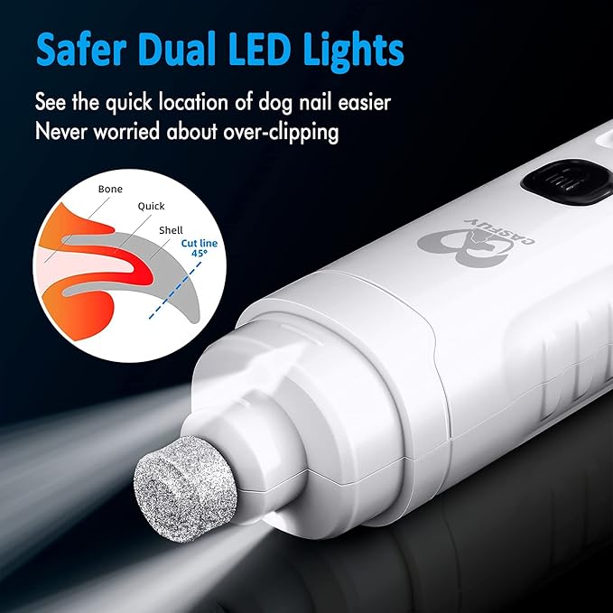 Casfuy Dog Nail Grinder with 2 LED Light for Large Medium Small Dogs - 3X More Powerful 2-Speed Electric Pet Nail Trimmer Rechargeable Quiet Painless Paws Grooming & Smoothing Tool (White)-PawvioPets