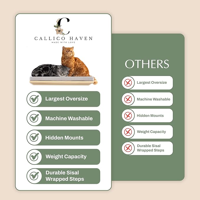 Extra Large 23.6”x12.6” CALLICO HAVEN- Stylish Cat Wall Shelves with Cushion, Modern Wall-Mounted Cat Tree Furniture, Window Cat Shelf & Perch, Sturdy/Hidden Mounts, Washable Cover - Flat Shape-PawvioPets