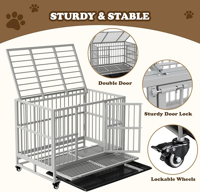 Dog Crate with Removable Tray, 37/42/46 Inch Indestructible and Escape Proof Steel Dog Cage Kennel for High Anxiety Dogs, Heavy Duty Dog Crate with Wheels, Double Door, Extra Large XL XXL-PawvioPets