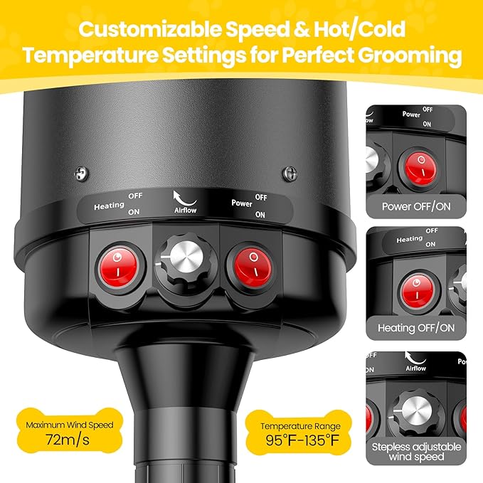 Dog Dryer, 5.2HP/3800W High Velocity Dog Hair Dryer with 4 Nozzles, Stepless Adjustable Speed & Temperature Control, Low Noise Professional Dog Grooming Dryer (Black)-PawvioPets