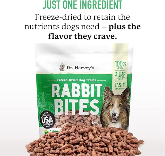 Dr. Harvey's Rabbit Bites Freeze-Dried Raw Dog Treats, Single Ingredient, All-Natural Rabbit Meat Protein for Dogs, Allergen-Free, 7 Ounces (1 Pack)-PawvioPets