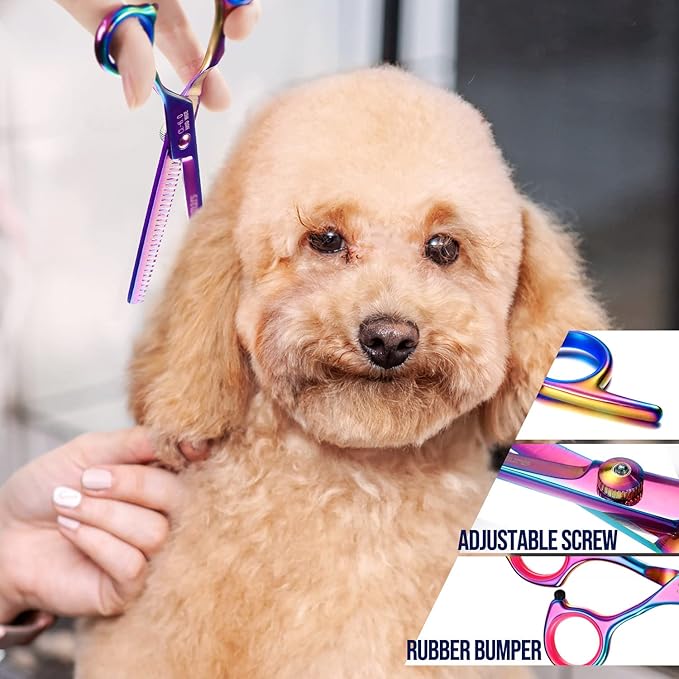 Gimars Dog Grooming Scissors Kit Professional 4CR with Safety Round Tip, 5 in 1 Heavy Duty Titanium Coated Thinning & Curved & Straight Shears-PawvioPets