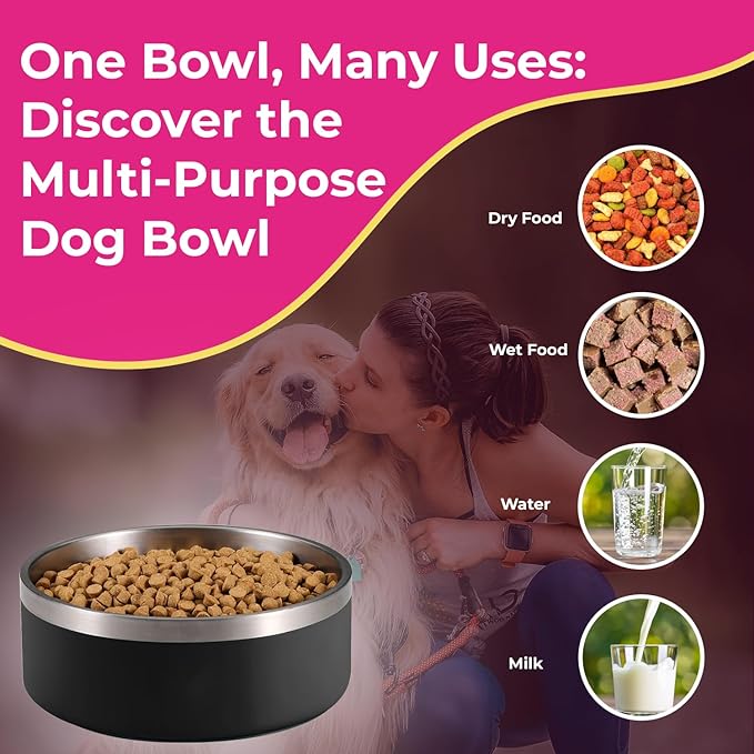 Bright Pink Dog Bowl for Small Dogs, 32 oz Non Slip Stainless Steel Pet Bowl, Vacuum Insulated Pet Bowl That Keeps Water Cool (32 oz, Bright Pink)-PawvioPets