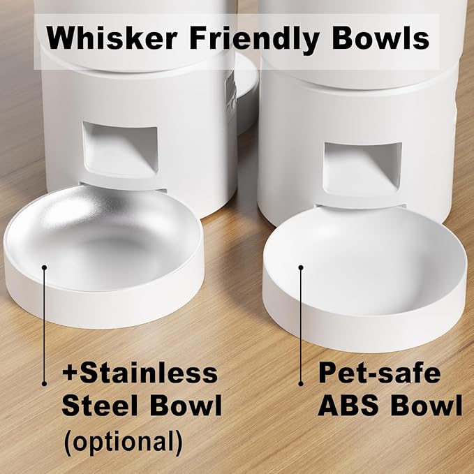 Dual Automatic Cat Feeder 2 Cats,6 Meals/Day,12 Portions/Meal,4.2L Dual Power Double Bowls Feeder,Dry Food Auto Pet Dispenser,10S Voice Record,Flexible Schedule Timer(White,Stainless Dual Bowls)-PawvioPets