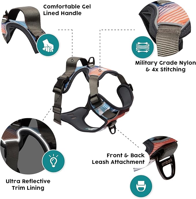 Embark Adventure Dog Harness, Reflective Trim No Pull Dog Harness Medium Sized Dogs - Military Grade Nylon, Front Clip with Gel Lined Handle.-PawvioPets