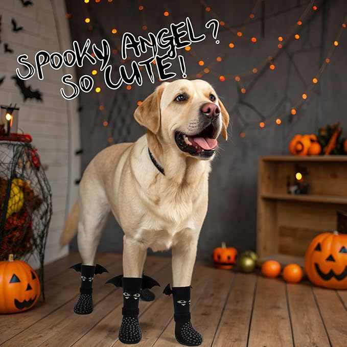EXPAWLORER Halloween Anti Slip Dog Socks to Prevent Licking Paws, Boots & Paw Protectors with Grippers,Doggie Booties for Hardwood Floors for Small Medium Large Senior Dogs Costume Black Devil Wings S-PawvioPets