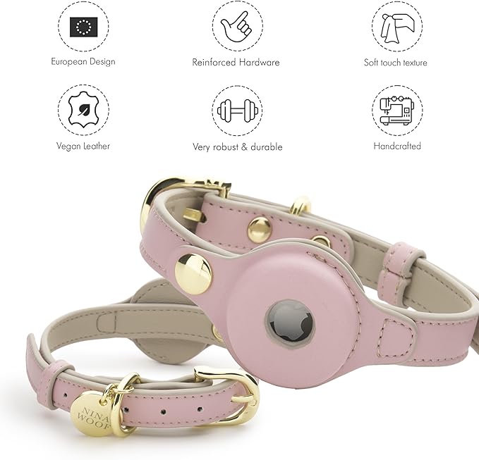 Cupertino Dog Collars, Harnesses & Leashes Made from Vegan Leather with Dog Tracker Device Holder Adjustable Dog Collar (Extra Small (Neck: 9x12), Pink)-PawvioPets