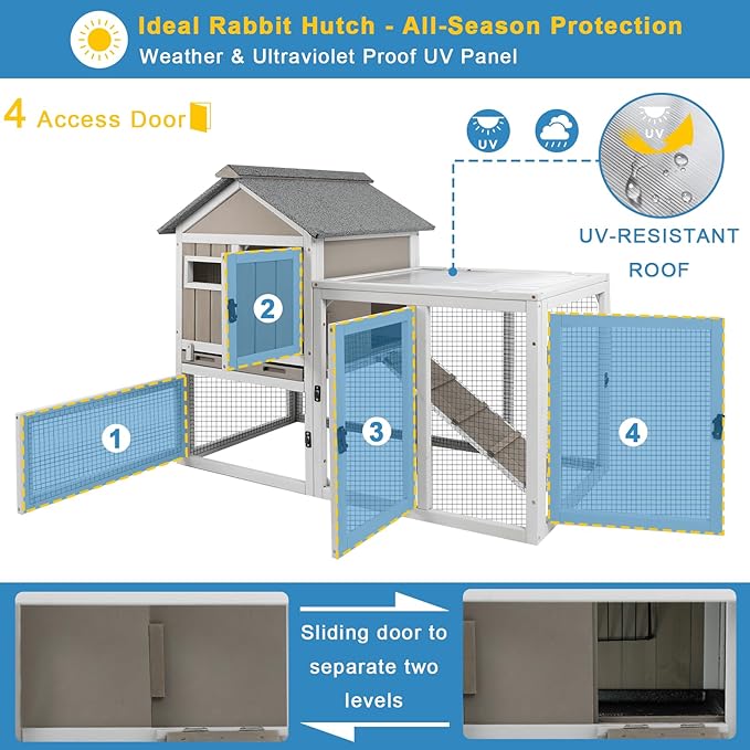 48" L Rabbit Hutch Outdoor Indoor Bunny Hutch Weatherproof, 2-Story Wood Rabbit Cage with Deep Tray, Chew-Resistant Ramp, UV Roof, Bunny House for Small Animal, Expandable Guinea Pig Cage-PawvioPets