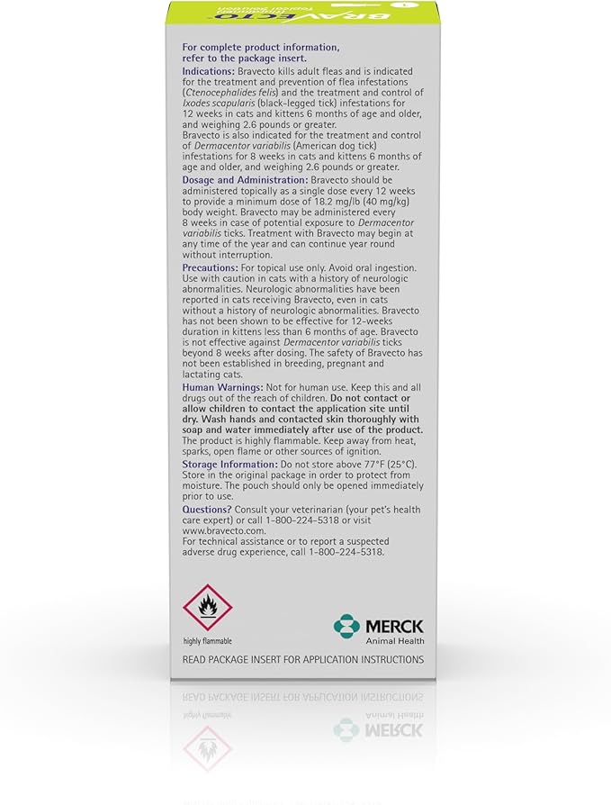 BRAVECTO Topical Solution for Cats, Flea & Tick, 12 Week Supply, 2.6-6.2 lbs., Green Box-PawvioPets