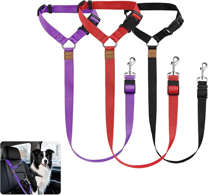 3 Pack Dog Seat Belt for Car, Car Headrest Restraint Adjustable Nylon Fabric, Dog Restraints Vehicle Seatbelts Harness (Black & Red & Purple)-PawvioPets