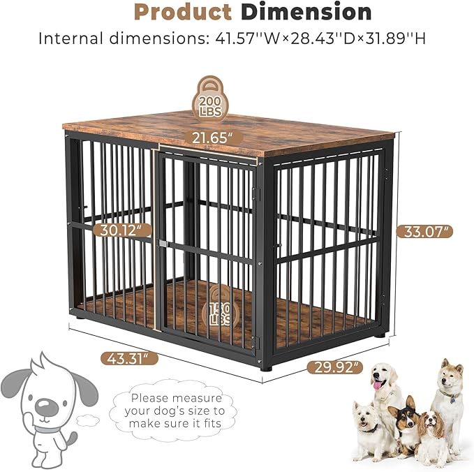 43'' Dog Crate Furniture with 3 Doors, XL Wooden Crate End Table Heavy Duty Indoor Puppy Cage for Medium to Large Dogs, Multiple Units Can be Combined-PawvioPets